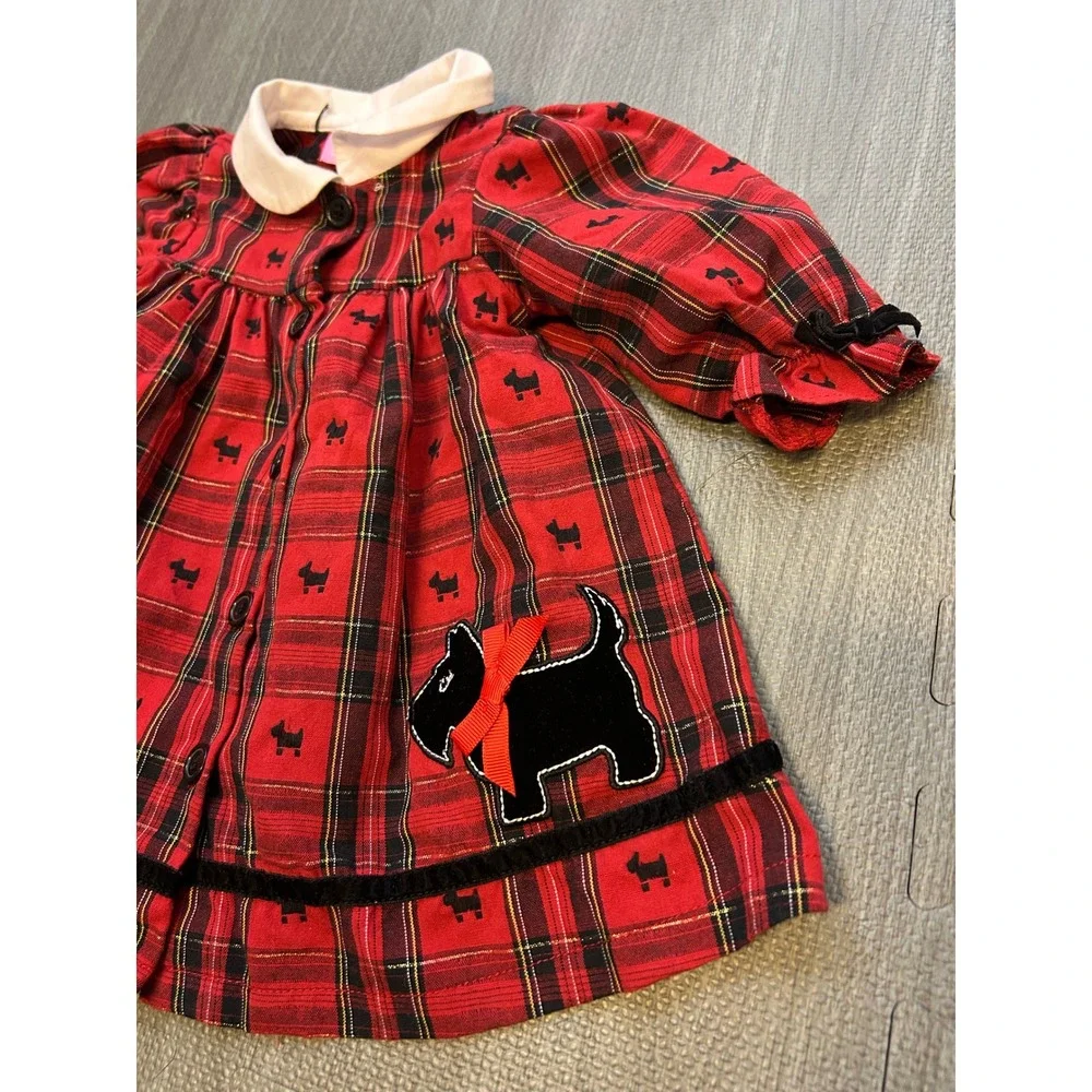 Good Lad‎ Red Plaid Scottie Dog Dress Baby Girls 9 Months Puff Sleeve Collared